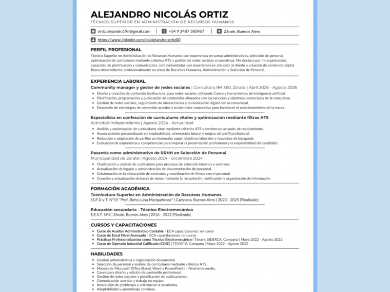 Elaboración de Curriculum Vitae y optimización mediante filtros ATS